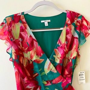 COPY - NWT Tropical floral pink/green wrap dress. Size L. Bar III at Macy’s.